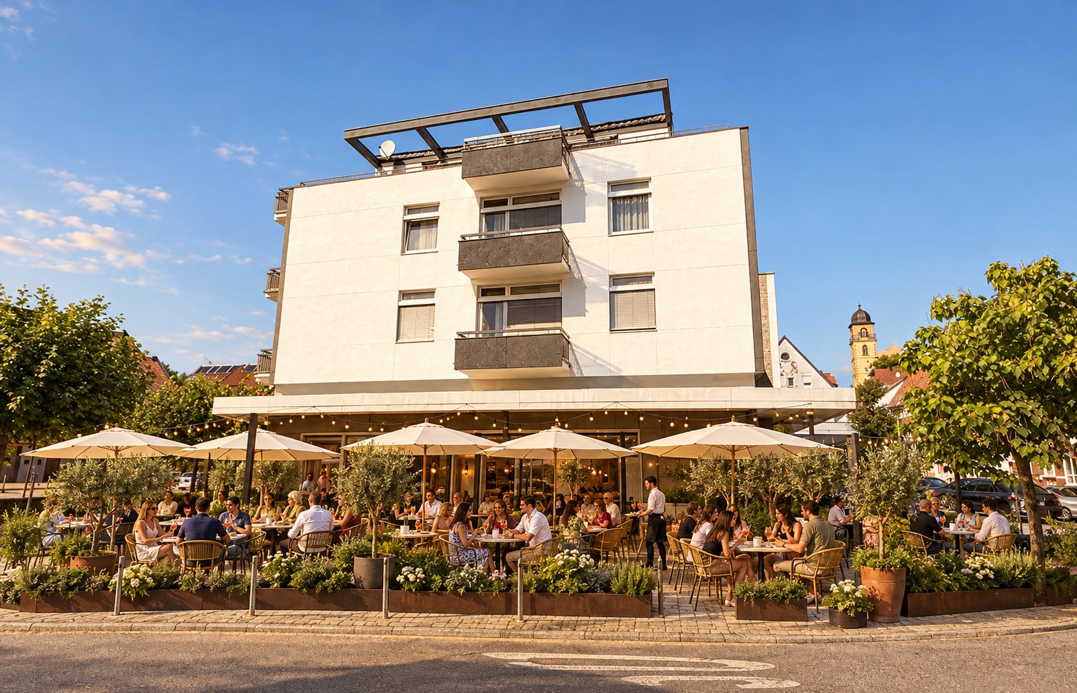 Visualisierung des Hotelgebäudes mit einer belebten Restaurantterrasse